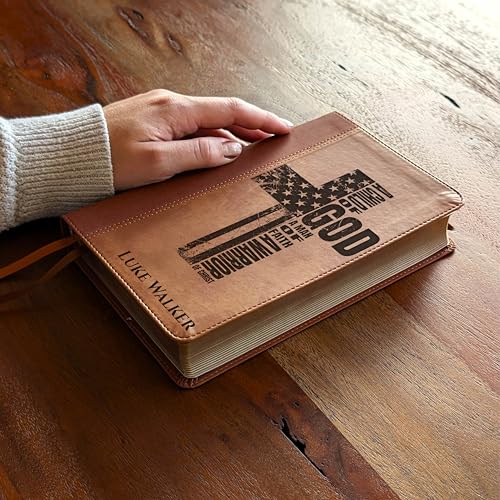 Personalized NIV Bible, Large Print, Custom Holy Cross Bible, New International Version | Man of Faith, Brown - color: Brown Personalized Leather