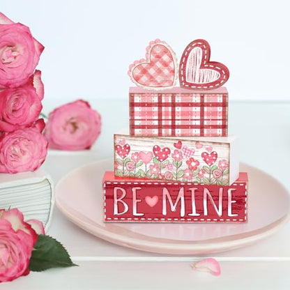 Britimes Tiered Tray Decor Set, 4 Pack, Wooden Table Sign, Valentine Flower - color: Valentine’s Day Pink Hearts
