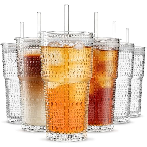 INSETLAN Iced Coffee Cups with Lids and Straws, 20 oz Hobnail Glass Tumbler - size: 6 Pcs
