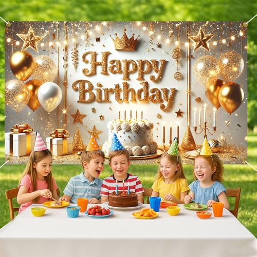 Happy Birthday Backdrop Banner 70.8 x 43.3 Inch, Gold Crown Balloon Cake Candle Glitter Elegant Party Decorations for Men Women Adults, Luxury Photo Booth Background with Hanging Rope - color: Colorfulb593, size: 70.8 x 43.3 Inch