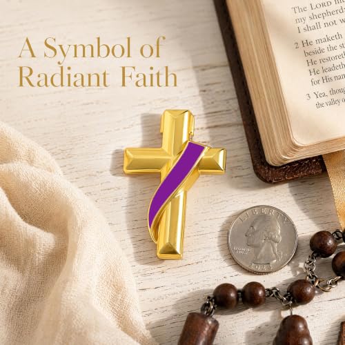 Clergy Gold Cross Lapel Pin with Enamel Ribbon, Christian Religious Brooch Badge, Suit Collar Accessory Faith Gift for Church Staff Believers - color: Purple