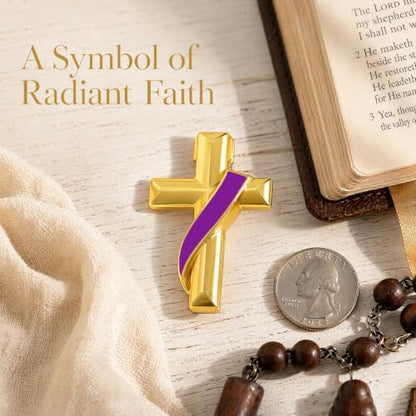 Clergy Gold Cross Lapel Pin with Enamel Ribbon, Christian Religious Brooch Badge, Suit Collar Accessory Faith Gift for Church Staff Believers - color: Purple