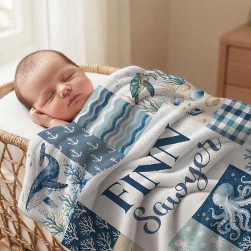 Personalized Ocean Animal Baby Blanket, Custom Sea Life Baby Blanket - color: Blue #5