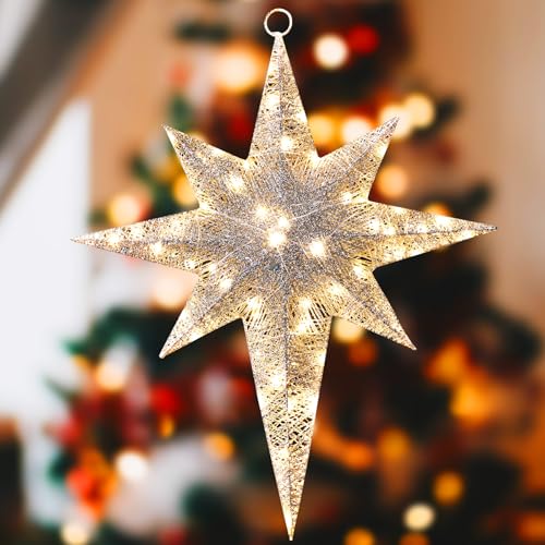 Retisee 1 Pcs 24 Inch Christmas Glitter Bethlehem Star Large LED Outdoor Xmas Lights Powered Hanging Outdoor Lighted Christmas Star for Yard Porch Festival Xmas Holiday Nativity Wedding (White)