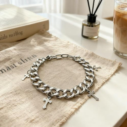 Silver Creed Cross Bracelet For Men Women, Adjustable Cuban Link Stainless Steel Chain Bracelets with Four Cross Charms, Religious Christian Gift for Boyfriend Dad and Son
