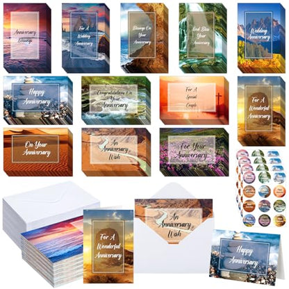 Motiskyy 48 Sets Religious Anniversary Cards Bulk for Wedding Couple Christian Happy Anniversary Cards with Envelopes and Stickers Bible Verse Scripture for Wife Celebrating Moment(Scenery) - style: Scenery