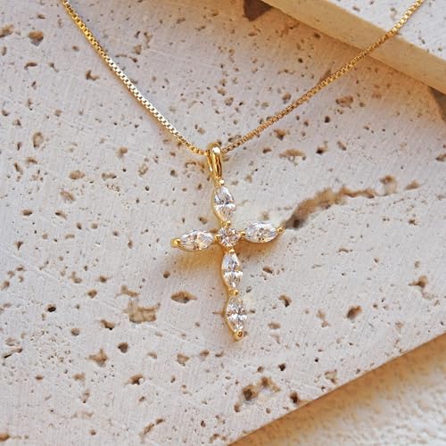 Gold Cross Necklace for Women, 14K Gold Plated - style: 6 prism-cut zircons