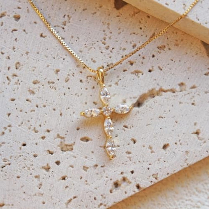 Gold Cross Necklace for Women, 14K Gold Plated - style: 6 prism-cut zircons