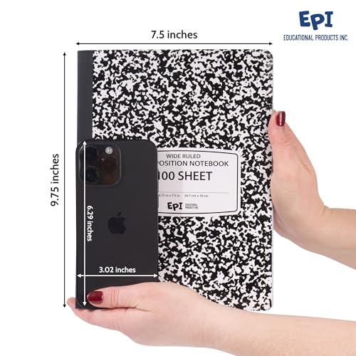 6 Pack - EPI Marble Hardcover Wide Ruled Composition Notebook | 200 Pages (100 Sheets), 9.75 x 7.5 in, Sturdy Sewn Binding | School, Office, Journaling, Notes - size: Pack of 6, style: Wide Ruled