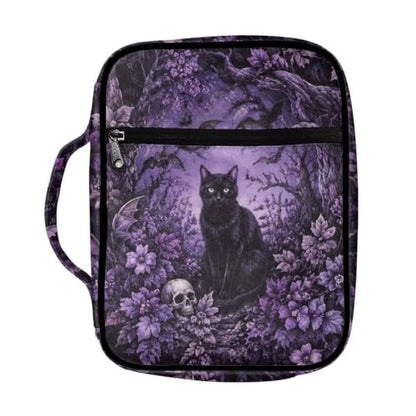 Suobstales Cat Skull Bat Leaves Pattern Bible Cover Carrying Book Case for Women Men Halloween Lightweight Bible Bag Bible Protective with Handle and Zippered Pocket - color: Cat Skull Bat Leaves