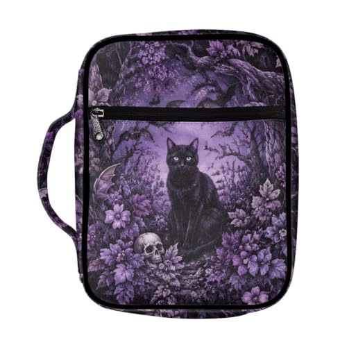 Suobstales Cat Skull Bat Leaves Pattern Bible Cover Carrying Book Case for Women Men Halloween Lightweight Bible Bag Bible Protective with Handle and Zippered Pocket - color: Cat Skull Bat Leaves
