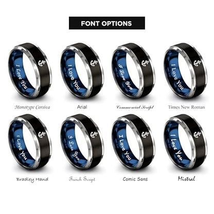 Gift for Nautical Fan - Anchor With Rope Ring - Men Women - Tungsten - Flat Dome Bevel - Band - Yellow Gold Black Silver Blue - Anniversary Wedding - 8mm - Brushed Polished - Personalized Custom Engra - color: 06 - Black Blue Grey Tungsten