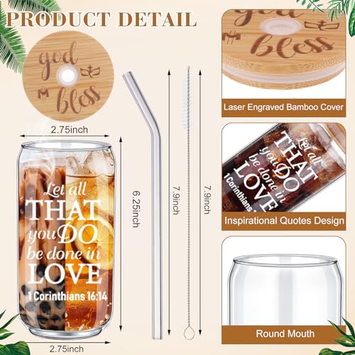 Tioncy 8 Pcs Christian Gifts for Women 16oz Bible Verse Coffee Drinking Glass Cups with Bamboo Lids Straws Brushes Inspirational Religious Gifts for Church Christian Party Favor - style: Bible