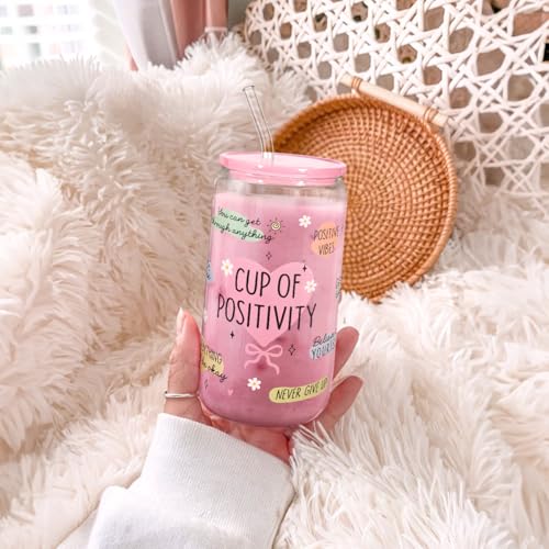 SANDJEST Inspiration Gifts - Glass Tumbler 16oz with Acrylic Lid and Straw - Iced Coffee Cups for Women, Aesthetic Glass Cup Gift for Birthday Christmas - color: Inspiration 4