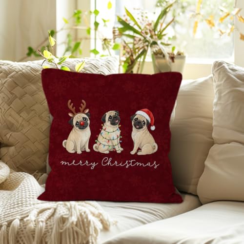Merry Christmas Pug Dog Throw Pillow Covers 18x18 Home Decor - color: Pug Dog