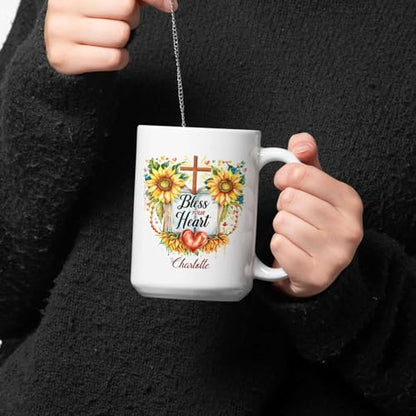 Custom Mug With Bless Your Heart Message, Christian Cup 11oz 15oz, Personalized Sunflowers And Cross Design Mug, Customized Name Religious Coffee Cup, Gift For Christian Men Women - color: HOA-624-2169-BLESS YOUR HEART MUG