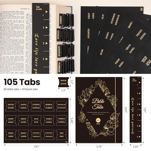 Laminated Bible Tabs, Gold Foil Embossed Lettering Bible Index Tabs for Women Men, Reposition Large Print Sticky Labels, Easy to Read and Apply, 105 Labels for Easy Navigation, Black - style: Gold Foil Black