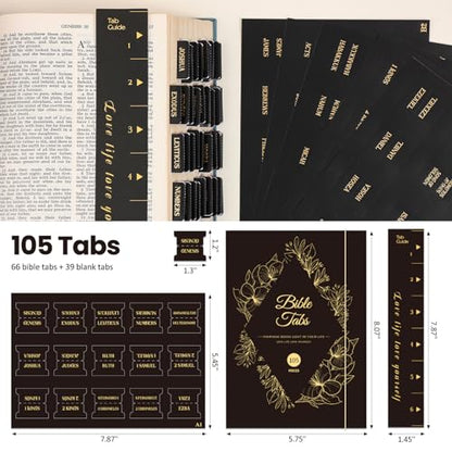 Laminated Bible Tabs, Gold Foil Embossed Lettering Bible Index Tabs for Women Men, Reposition Large Print Sticky Labels, Easy to Read and Apply, 105 Labels for Easy Navigation, Black - style: Gold Foil Black