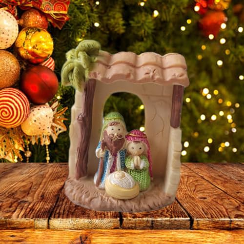 Holy Family Nativity Figurine Jesus Manger Scene Statue Miniature Mary Joseph Sculpture 3inch Mini Little People Figure Ornament for Holiday Party Home Tabletop Decor (Green) - color: Green