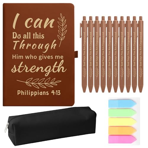 Christian Gift Set, Prayer Notebook and 10 Bible Pen Set with Sticky Notes & Pencil Case, Bulk Inspirational Church Notes Notebook Supplies for Women Men Grandparents Church Pastor, Brown - color: Brown