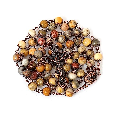 Nazareth Store Natural Stone Beads 8mm Rosary Necklace Antique Copper Design Holy Soil Medal & Cross in Velvet Bag - Catholic Rosaries Terra Santa Jerusalem Collection - color: Yellow Jasper
