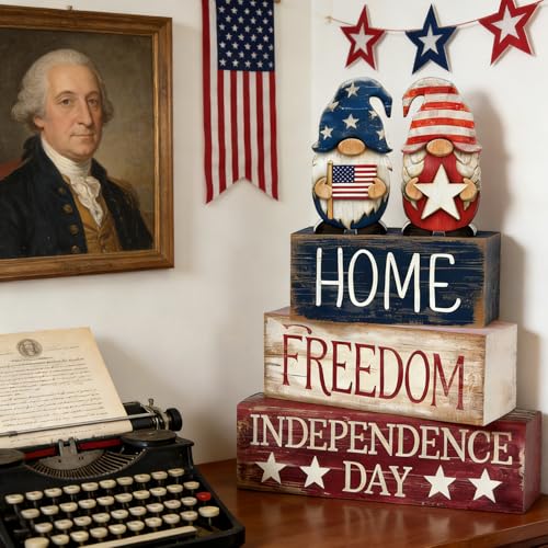 4th of July Table Decorations Patriotic Memorial Day Tiered Tray Decor Wooden Gnome Block Signs Independence Farmhouse 250th July Fouth Centerpiece for Tables Wooden Sign for Home Decor - style: Patriotic Gnomes