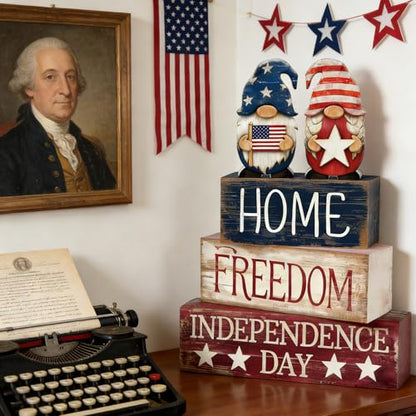 4th of July Table Decorations Patriotic Memorial Day Tiered Tray Decor Wooden Gnome Block Signs Independence Farmhouse 250th July Fouth Centerpiece for Tables Wooden Sign for Home Decor - style: Patriotic Gnomes