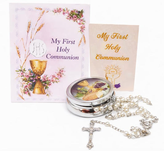 Westmon Works First Communion Rosary and Booklet Set with Chalice Centerpiece, Glass Beads, and Crucifix Deluxe Catholic Keepsake for Girls in Metal Snap Case