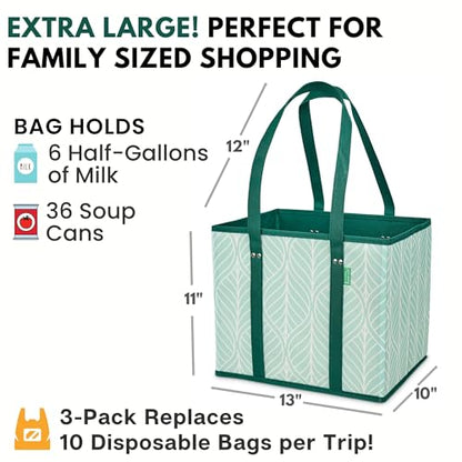 Reusable Grocery Bags (3 Pack) – Heavy Duty Reusable Shopping Bags, Green - color: Green