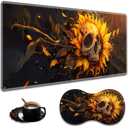 Ergonomic Dark Sunflower Skull Extended Mouse Pad 31.5" x 11.8" Set, with Wrist Rest & Lace Coasters, Pain Relief Design, Non-Slip Desk Mat for Home & Gaming - color: Dark Sunflower Skull
