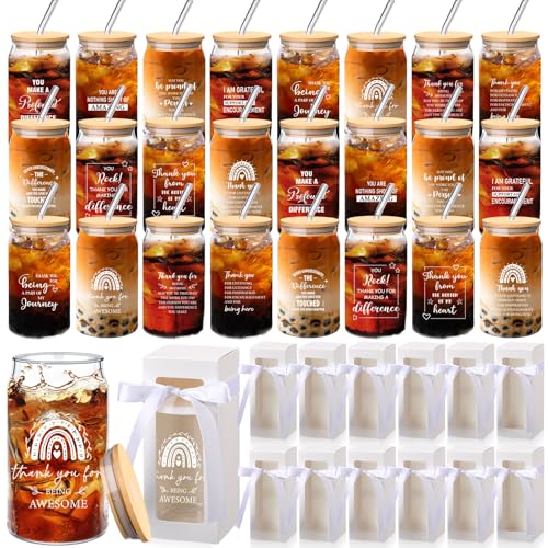 Ziliny 24 Set Thank You Glass Cups 16 oz with Lids Straws Thank You - style: Thank You