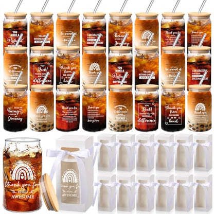 Ziliny 24 Set Thank You Glass Cups 16 oz with Lids Straws Thank You - style: Thank You