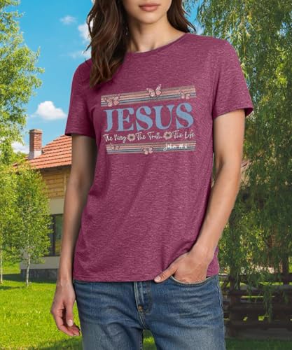 Womens Jesus Graphic Tee Bible Verse Shirts Christian Religious T Shirt Top - color: Purple-butterfly, size: Large