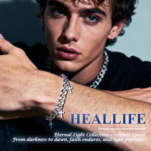 Silver Creed Cross Bracelet For Men Women, Adjustable Cuban Link Stainless Steel Chain Bracelets with Four Cross Charms, Religious Christian Gift for Boyfriend Dad and Son