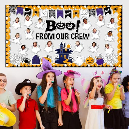 Halloween Ghost Bulletin Board Set Classroom Decorations Pumpkin Castle Paper Cutouts BOO Ghost Pattern Spider Web DIY Photos Bulletin Board Halloween Party Back to School Nursery Classroom Wall Decor - style: Ghost