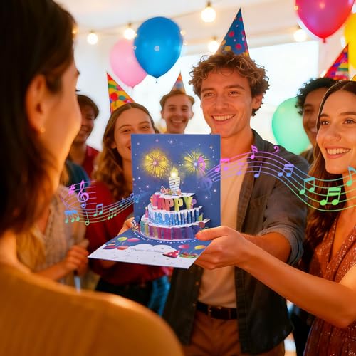 3D pop-up music birthday card - LED Light Cake Greeting Card - color: Cake - Grey Blue