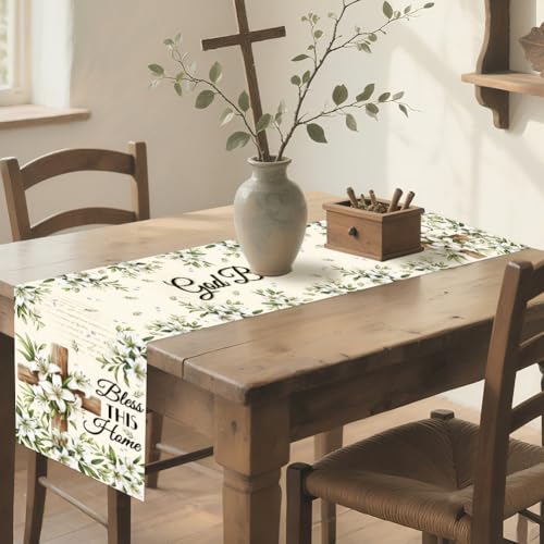 WADORN Blessed Cross Table Runner 13x72Inch Easter Olive Leaves Bless This Home God Bless Easter Kitchen Dining Decoration Spring Summer Seasonal Farmhouse Table Runner for Holiday Party - size: Bless This Home God Bless