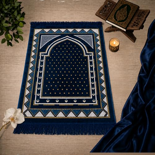 Velvet Muslim Prayer Mat Set, Soft Salah Rug, Islamic Gift for Men & Women (Blue) - color: Blue