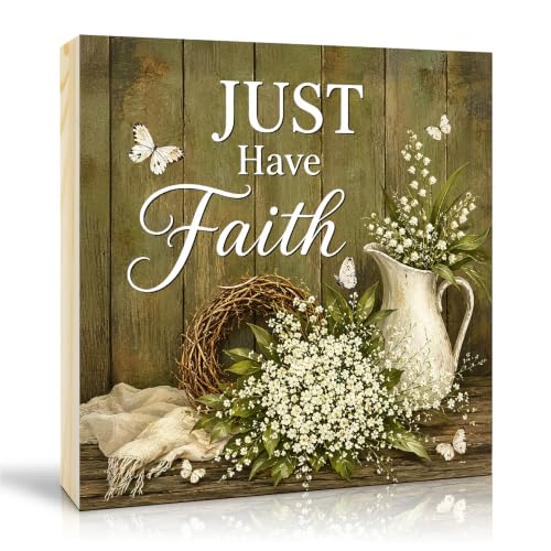 TOUNER Just Have Faith Wooden Box Sign, White Flowers Rustic Wooden Box Sign for Home Office Farmhouse Table Shelf Decorations, Inspirational Christian Gifts for Friends Family Colleague - color: multicolored097