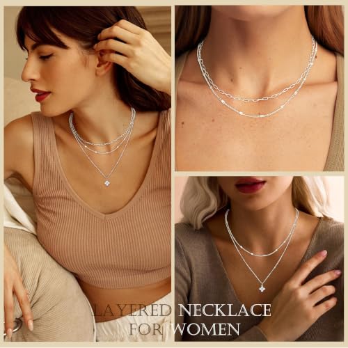3PCS Gold Silver Layered Necklaces for Women Trendy - color: Silver&Four Clover