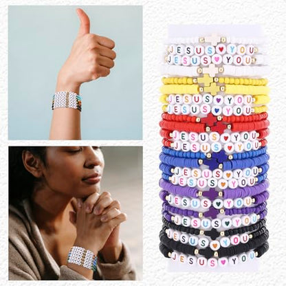 24Pcs Jesus Loves You Bracelets Bulk Handmade Clay Beads Bible Verse Bracelets Christian Friendship Jewelry Christmas Easter Gifts for Women Teen - color: Jesus 24-3