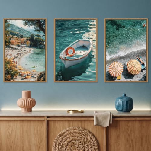 Aryroi Italy Coastal Amalfi Seascape Framed Canvas Wall Art Set- 24"x36"x3 - color: Blue Green Beach Scenery Wall Decor, size: 24"L x 36"W