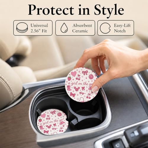 Car Coasters for Cup Holders, Pink Bow Car Coasters Set of 2, B10 - color: Pink Bow
