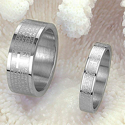 Fashion Month Mens Womens Stainless Steel Vintage Silver Couple Ring Spanish Bible Lords Prayer Cross White Gold Band