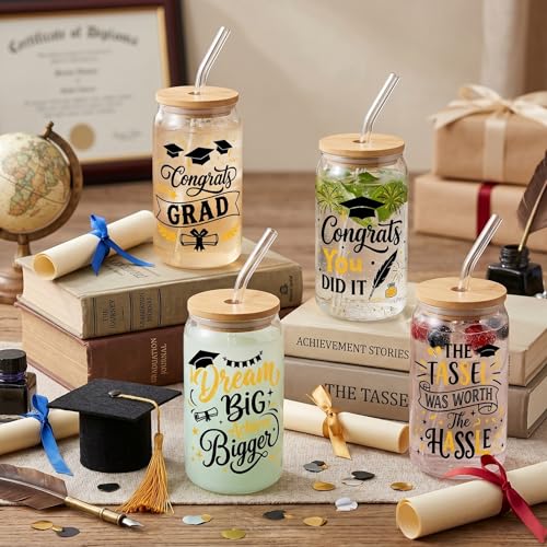 Glass Cups with Lids and Straws, 4Pack, 16oz, Graduation - color: Graduation