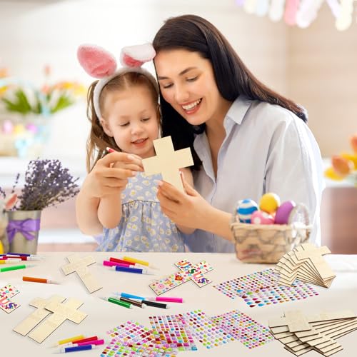 PLUVAVA 36 Sets Wood Cross Crafts DIY Wooden Cross for Christian Jesus Sunday School Vacation Bible School Crafts Supplies with 14 Pieces Stickers and 24 Pieces Watercolor Pens (Classic Style) - size: Classic Style