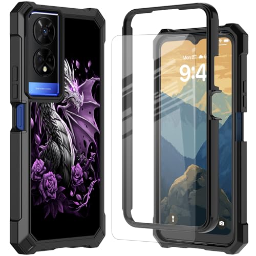 RYUITHDJP for TCL 50 XE 5G Phone Case with Tempered Glass Screen Protector,Dual Layer Shockproof Corners Protection Case for TCL 50 XE 5G,Dragon Purple Rose Design - color: Dragon Purple Rose Design, size: TCL 50 XE 5G