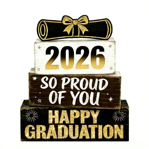 2026 Graduation Table Decorations Class of 2026 Senior Tiered Tray Decor Wooden Happy Graduation Signs Farmhouse Congrats Grad Tabletop Party Centerpiece for Tables Wooden Sign for Home Decor - style: Grad Cap