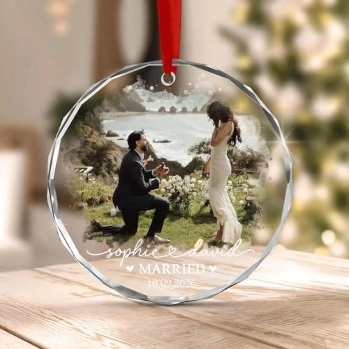 Personalized Engagement Photo Glass Ornament, Engaged Couples Photo Gift, Wedding Ornament, for Couple - color: Ds 07