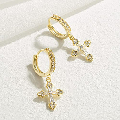 KissYan 14K Gold Plated Huggie Earrings for Women, S925 Sterling Silver Small CZ Cross Hoop Dangle Drop Earrings, Hypoallergenic Dainty Handmade Jewelry - style: Cross